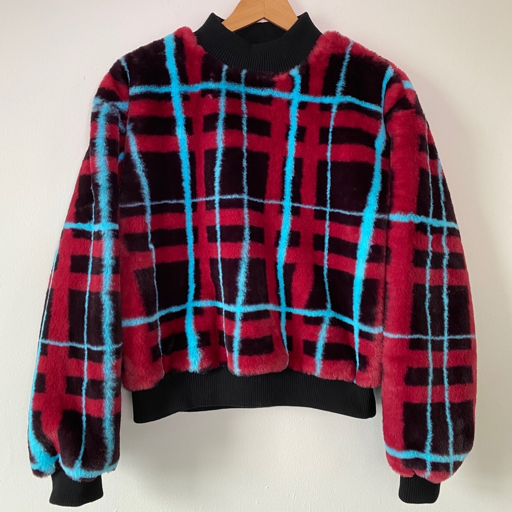 NWOT. Bershka Plaid Faux Fur Crewneck Sweater. Size S.